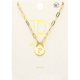 -P- Brass Metal Monogram Lock Pendant Necklace